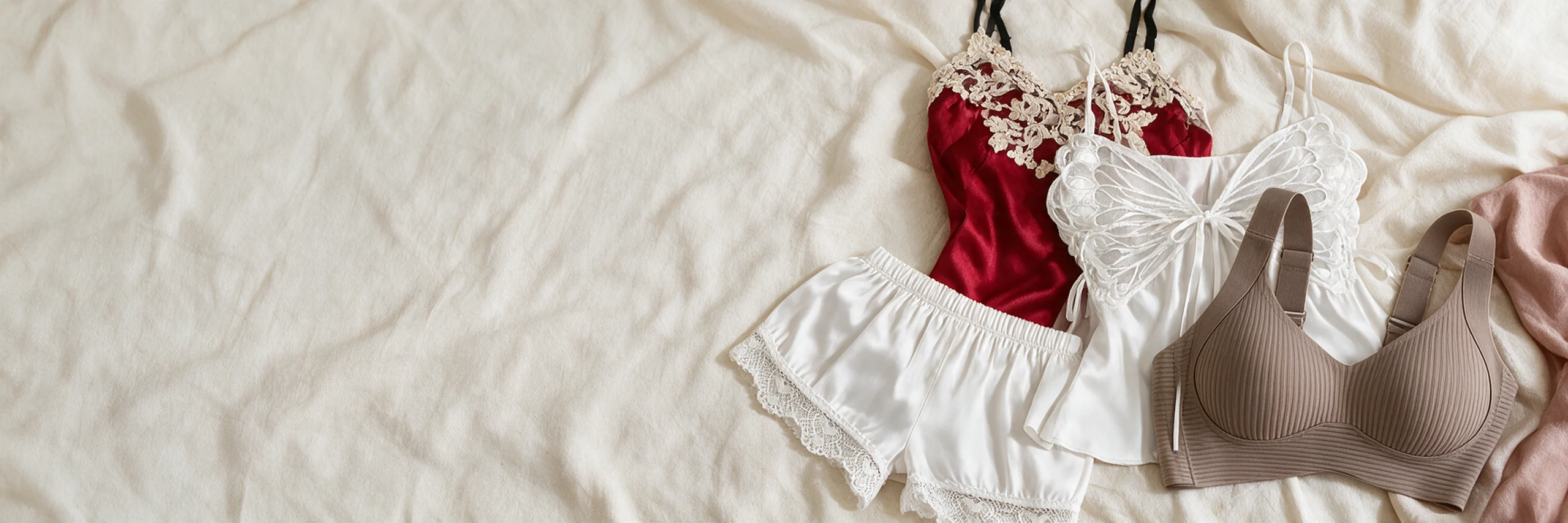 Red satin slip, white butterfly-lace cami and shorts, and a mocha ribbed bra arranged on cream linen.