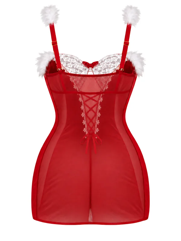 Fur-Trim Lace-Up Velvet Mesh Babydoll, Burgundy, studio, back