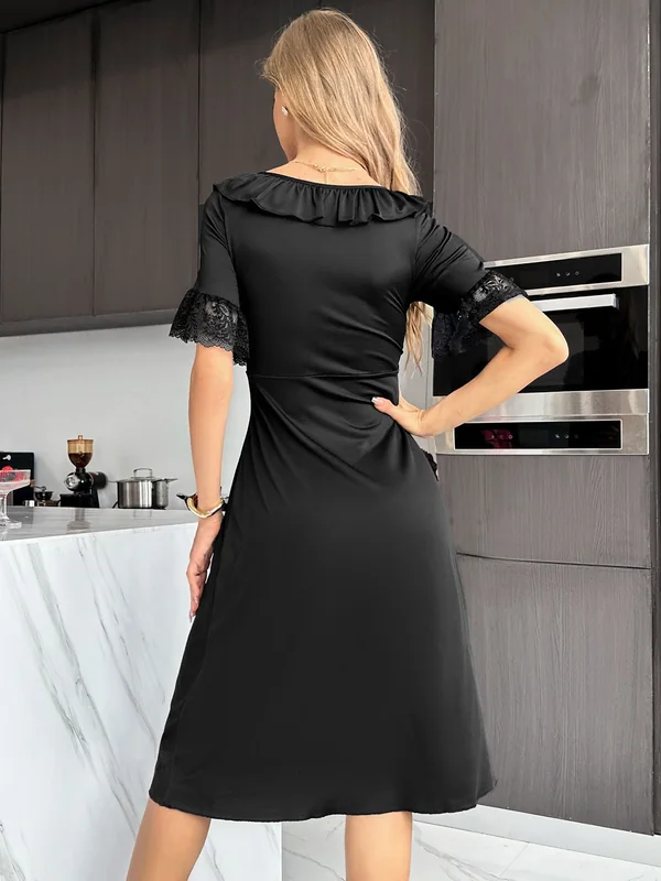 Lace-Trim Ruffle-Neck Short-Sleeve Nightdress, Black, model, back