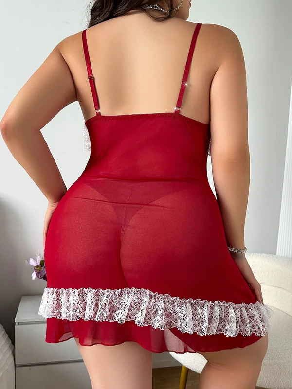 Lace-Trim Mesh Babydoll, Red, model, back