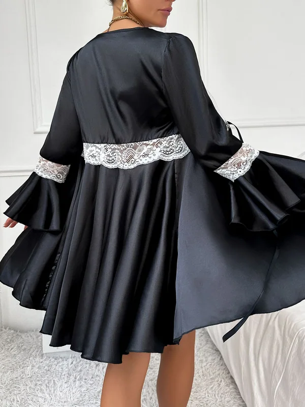 Lace-Trim Satin Slip Dress, Black, model, back