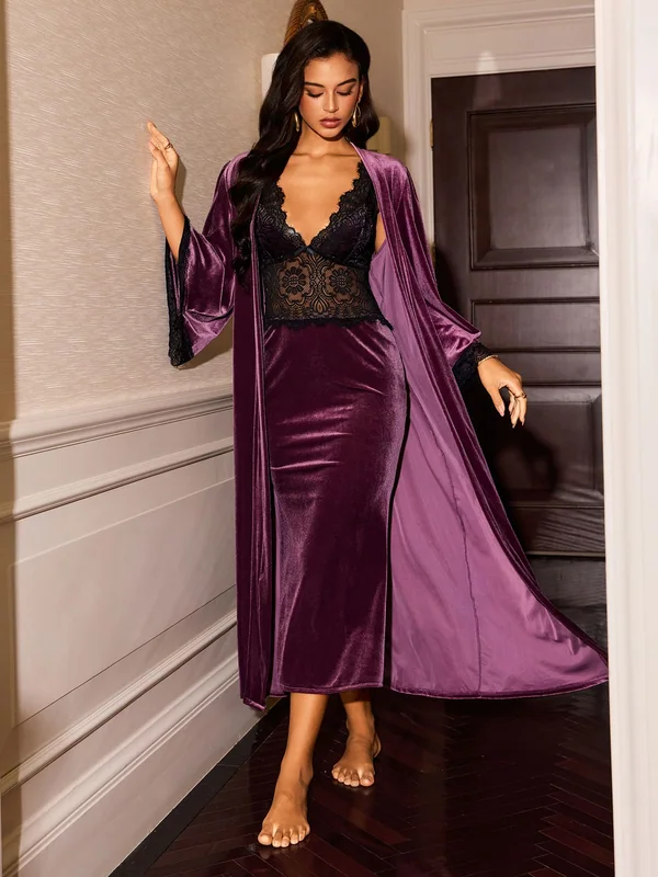 Lace-Trim Velvet Long Slip Dress and Long Robe in Purple