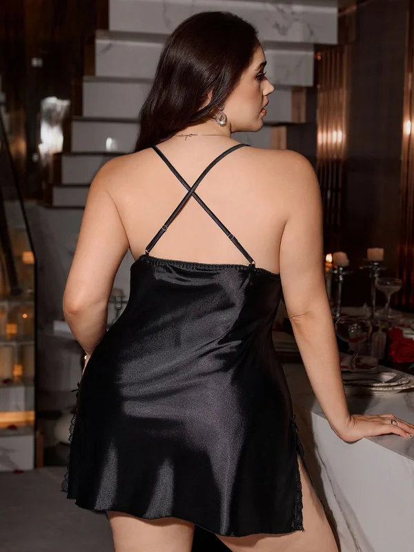Lace-Trim Satin Mini Slip, Black, model, back
