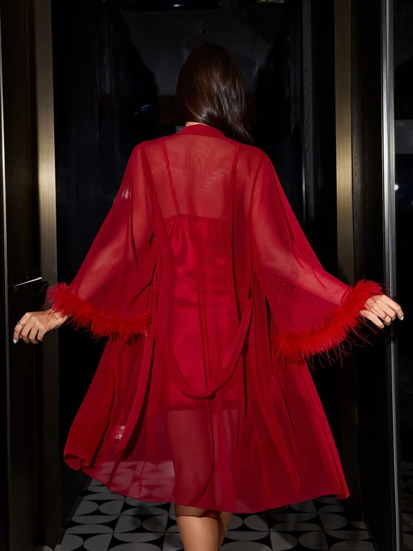 Feather-Trim Satin Slip Dress with Sheer Mesh Robe, Red, model, back