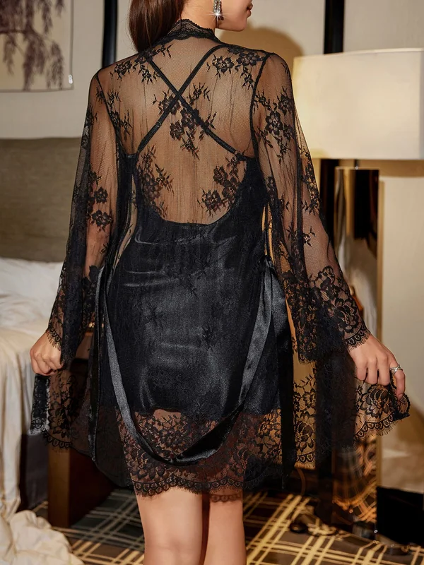 Lace-Trim Satin Slip and Sheer Lace Robe, Black, model, back