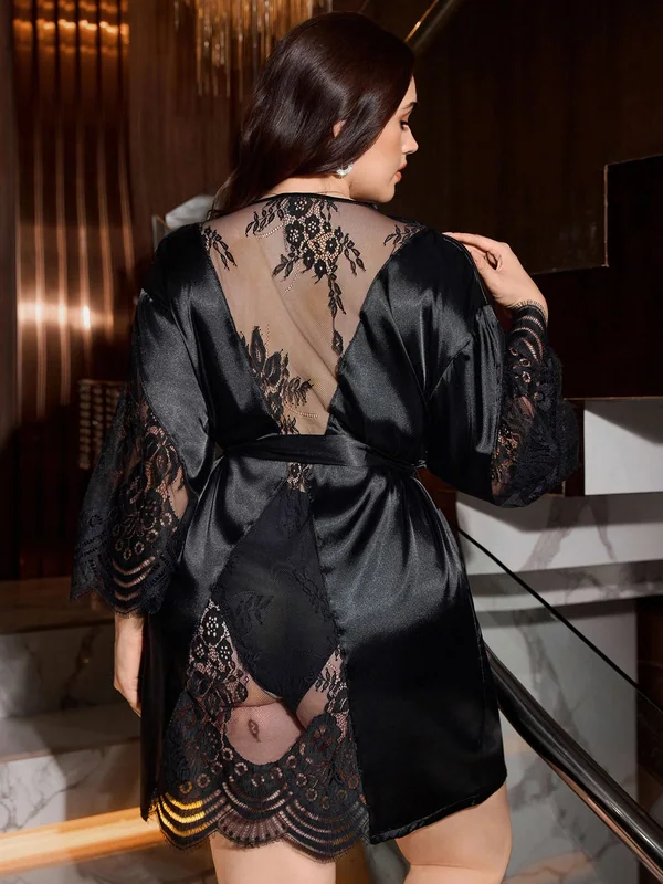 Satin Lace-Trim Robe, Black, model, back