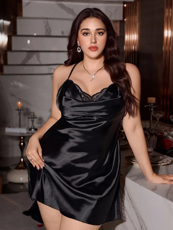Lace-Trim Satin Mini Slip in Black