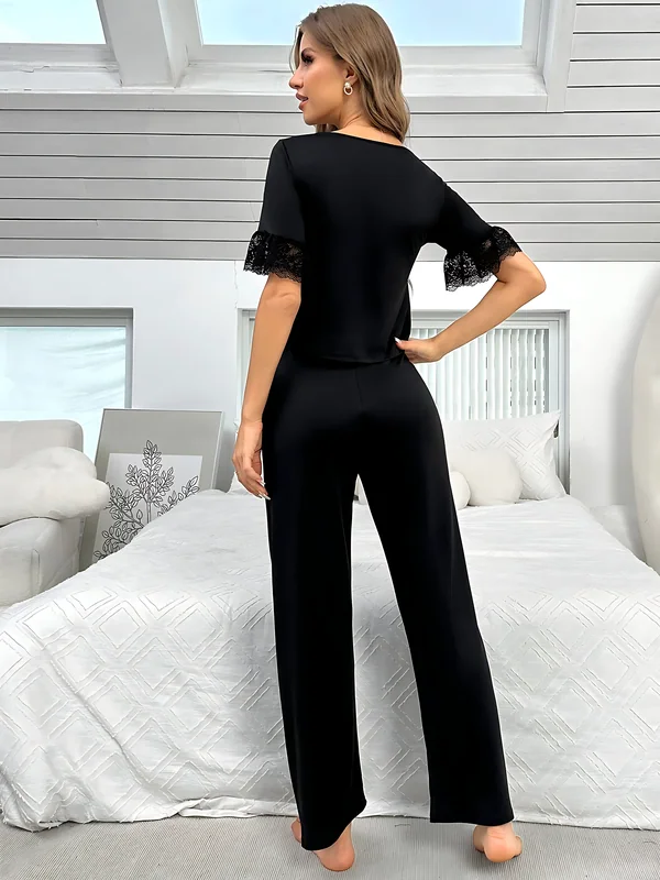Lace-Trim V-Neck Pajama Top and Pants, Black, model, back