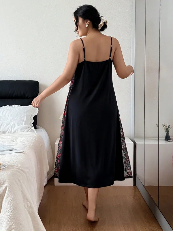 Lace-Panel Midi Slip, Black, model, back