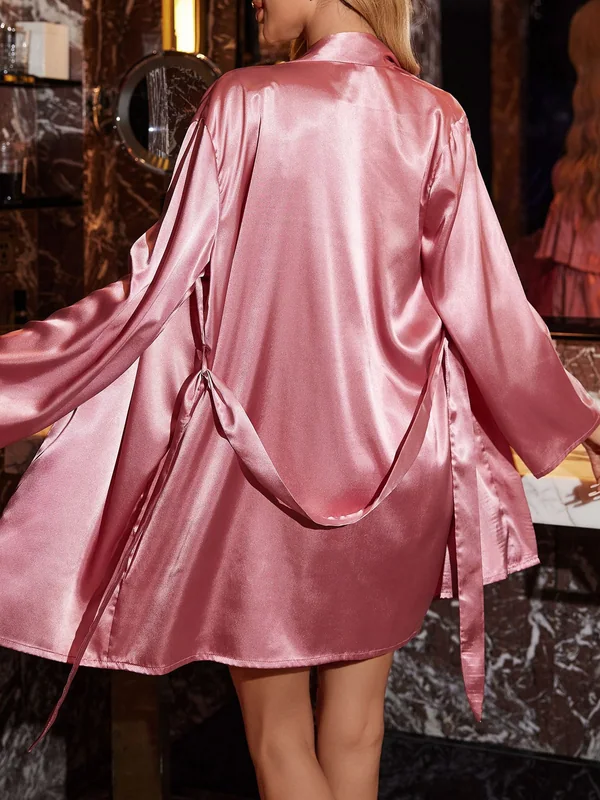 Lace-Trim Satin Cami and Shorts with Robe, Dusty Pink, model, back