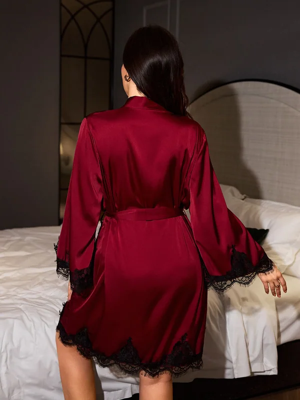 Lace-Trim Satin Robe, Burgundy, model, back