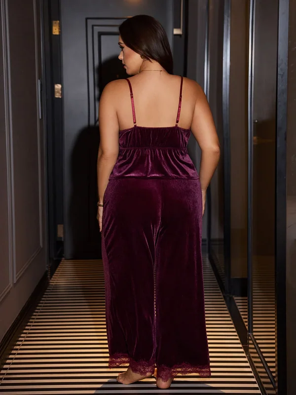 Lace-Trim Velvet Camisole And Wide-Leg Pant, Purple, model, back