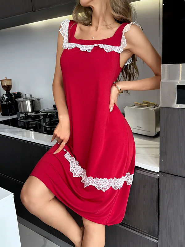 Square-Neck Lace-Trim Slip in Red