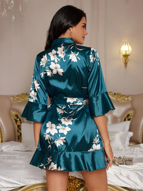 Floral Satin Ruffle-Hem Robe, Dark Green, model, back