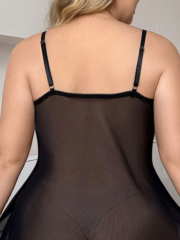 Floral Lace-Trim Mesh Babydoll, Black, model, back
