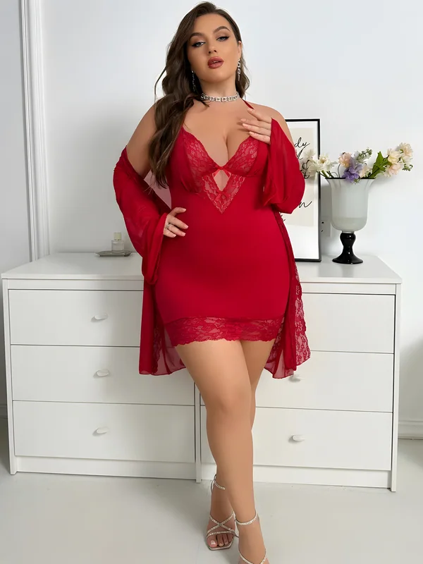 Lace-Trim Slip Dress and Sheer Mesh Robe in Red