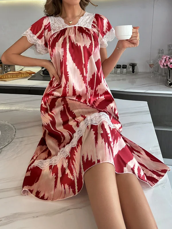 Lace-Trim Printed Satin Slip in Red