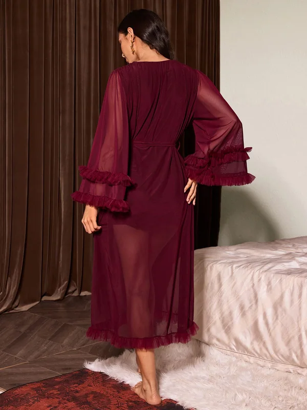 Ruffle-Trim Sheer Mesh Robe, Burgundy, model, back
