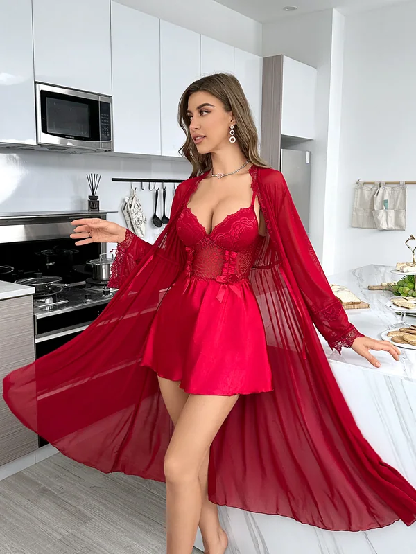 Lace-Trim Babydoll and Long-Sleeve Mesh Robe in Red