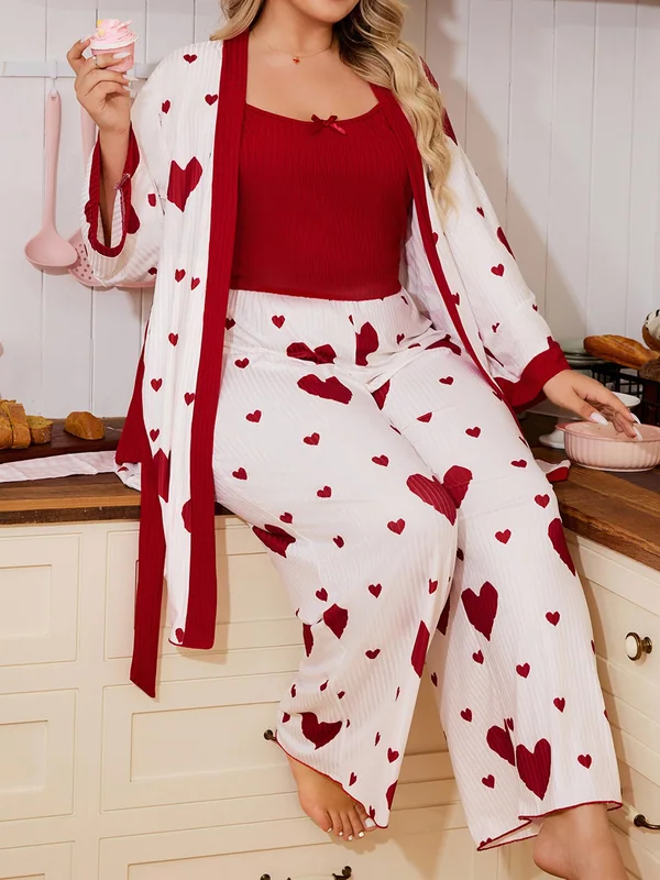 Heart-Print Robe, Cami Top & Wide-Leg Pants in White + Red