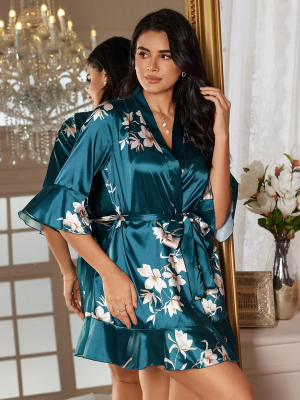 Floral Satin Ruffle-Hem Robe in Dark Green