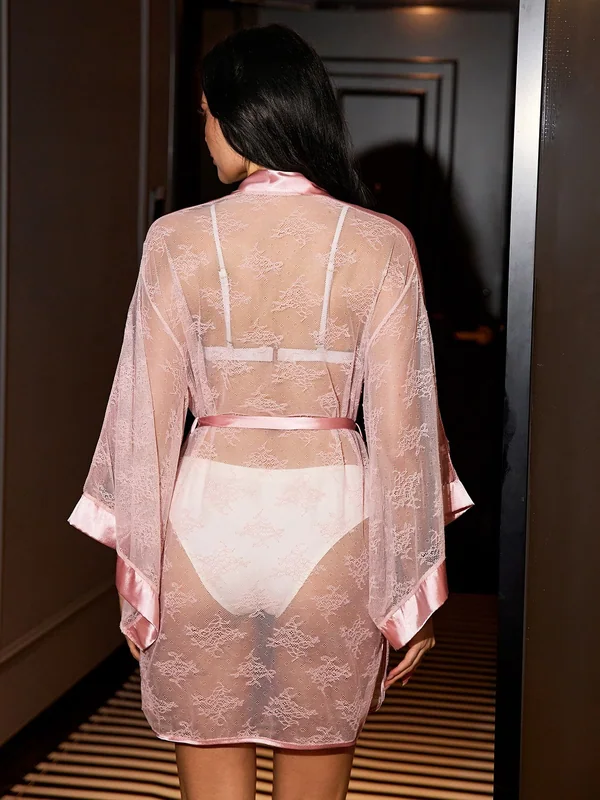 Sheer Lace Satin-Trim Robe with Bra and Panty, Pink, model, back