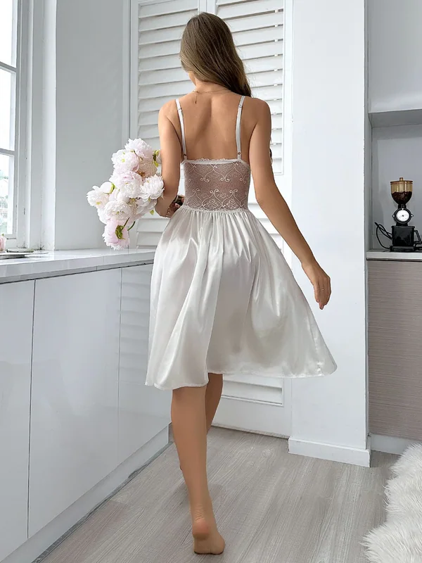 Lace-Trim Satin Slip Dress, White, model, back