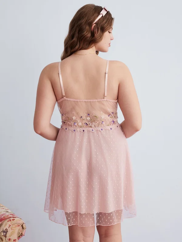 Embroidered Mesh Babydoll, Pink, model, back
