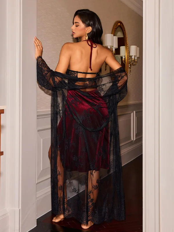 Lace-Trim Velvet High-Slit Slip, Burgundy, model, back