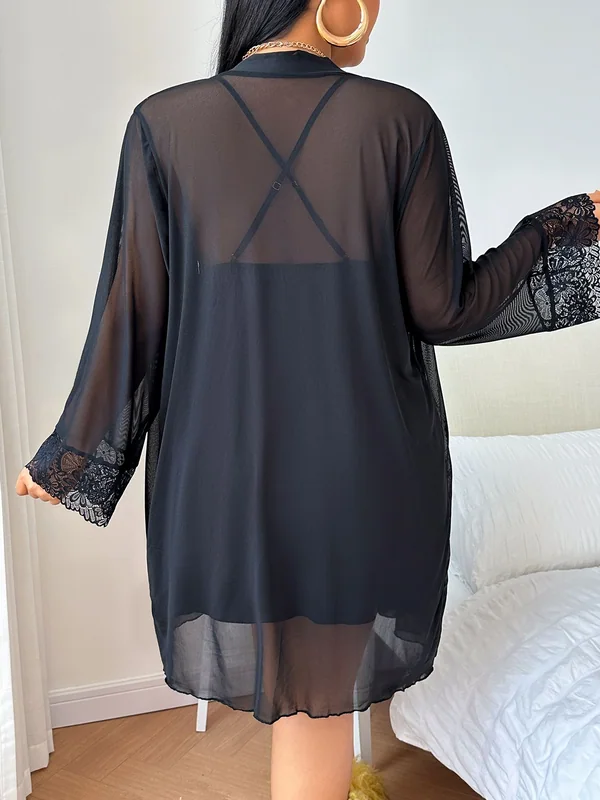 Satin Lace-Trim Slip Dress with Sheer Mesh Robe, Black, model, back