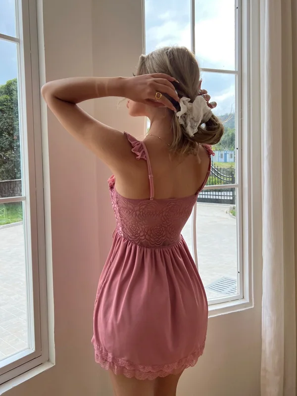 Ruffle-Strap Lace-Up Babydoll, Dusty Pink, model, back