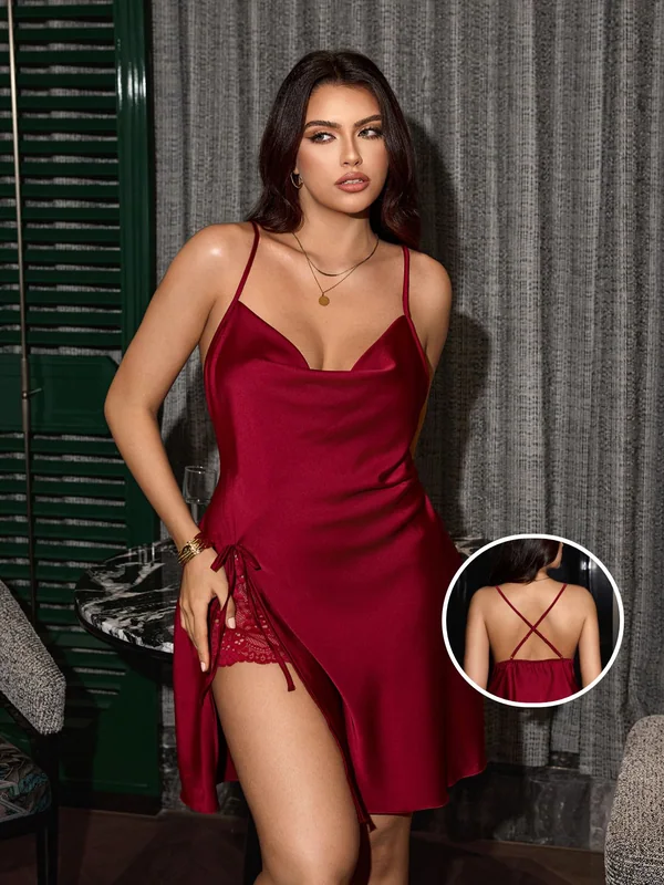 Satin Cowl-Neck Slip with Lace-Up Side Slit in Burgundy