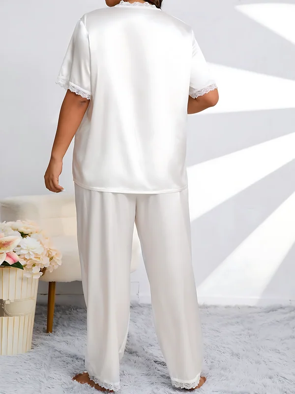 Lace-Trim Satin Pajama, White, model, back