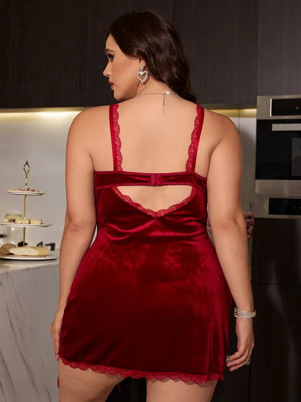 Lace-Up Velvet Slip, Burgundy, model, back