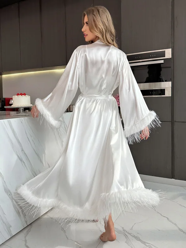 Feather-Trim Satin Long Robe, White, model, back