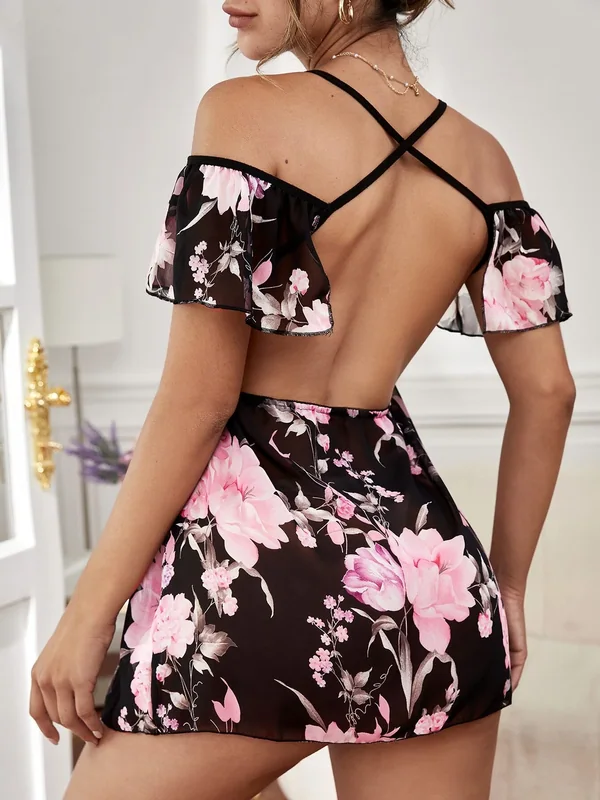 Floral Mesh Cold-Shoulder Babydoll, Black, model, back