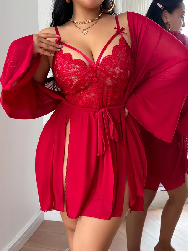 Lace Bodice Mesh Babydoll with Sheer Robe in Red