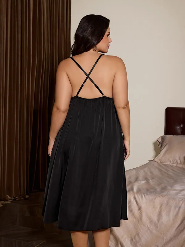 Lace-Trim Mesh Slip, Black, model, back