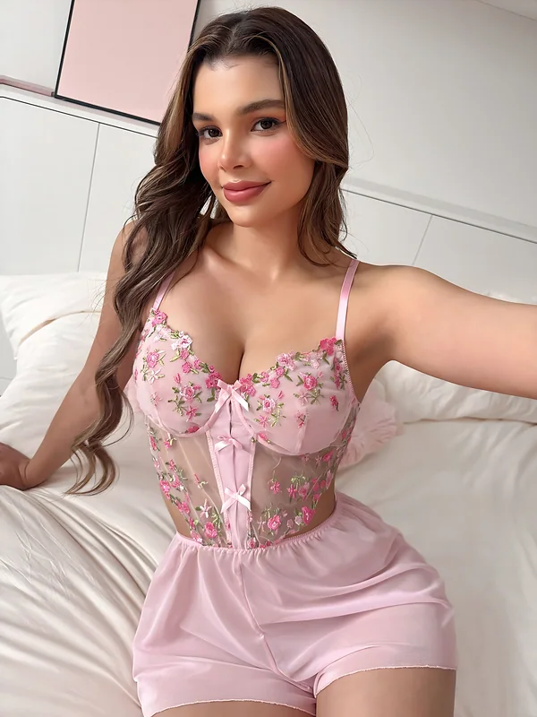 Floral Embroidered Mesh Lingerie with Shorts in Pink
