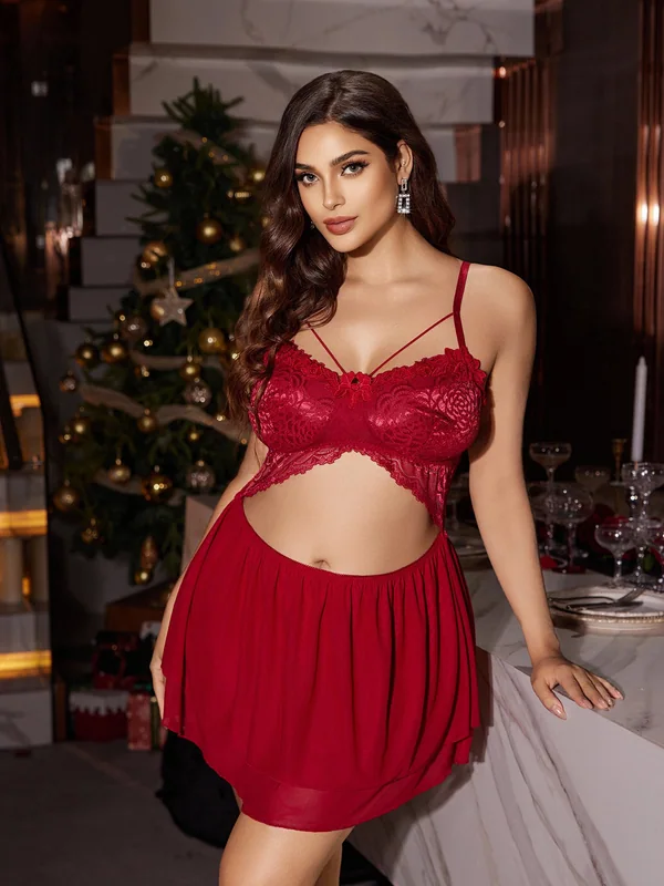 Lace-Trim Mesh Babydoll in Burgundy