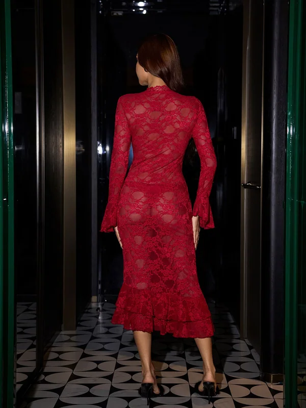 Lace Bell-Sleeve Ruffle-Hem Midi Dress, Burgundy, model, back