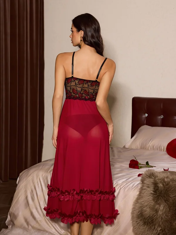 Lace Bodice Mesh Midi Slip, Burgundy, model, back
