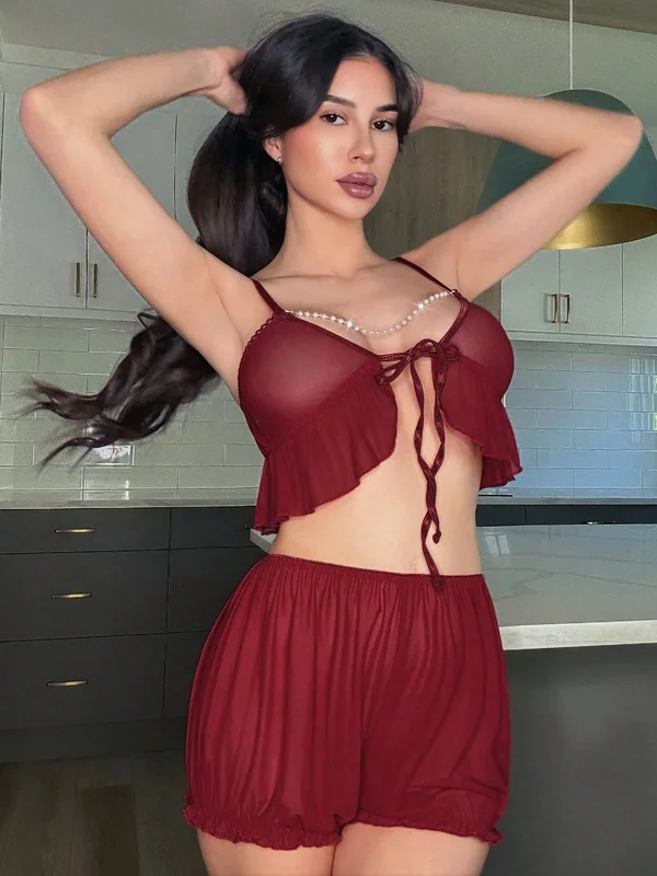 Ruffle Mesh Cami and Bloomer Shorts in Burgundy