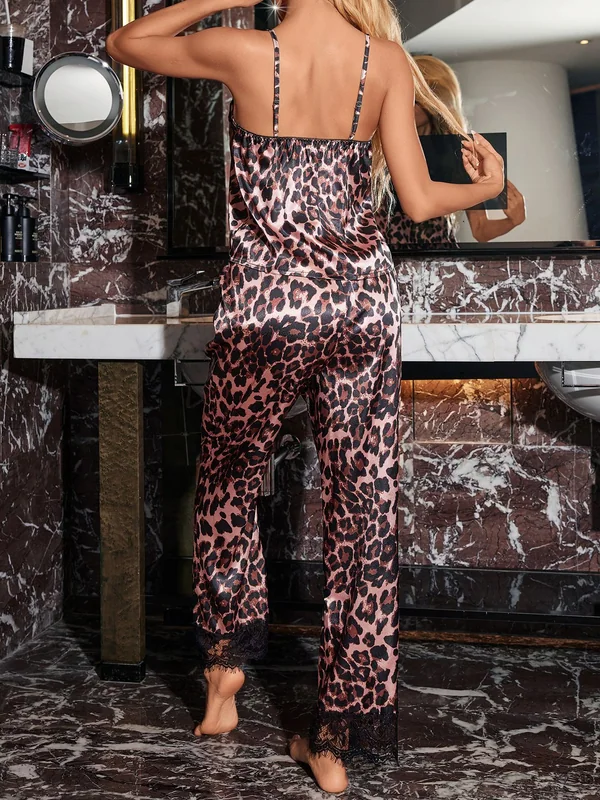 Leopard Print Lace-Trim Satin Cami and Pants Sleepwear, Leopard Print, model, back