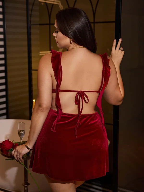 Ruffled Velvet Mini Dress, Burgundy, model, back