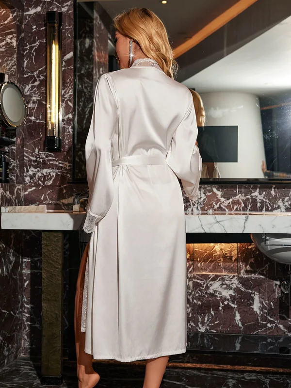 Lace-Trim Satin Long Robe, White, model, back