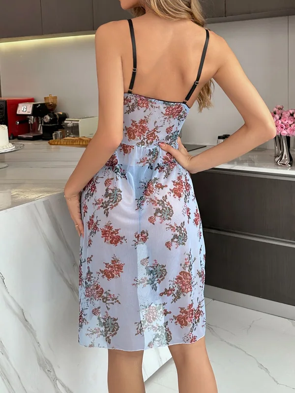 Lace-Trim Floral Mesh Babydoll, Light Blue, model, back