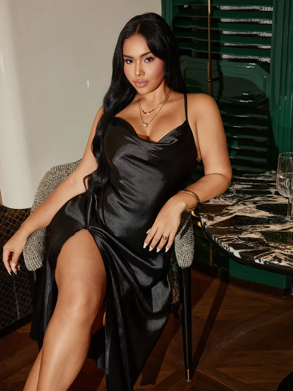 Satin Cowl-Neck Slip Dress in Black