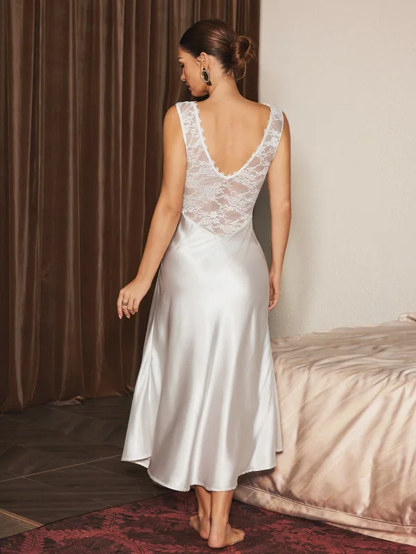 Lace-Trim Satin Slip Dress, White, model, back