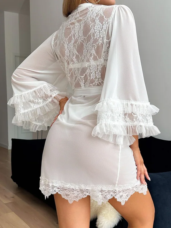Lace-Trim Sheer Mesh Robe with Bralette and Panty, White, model, back